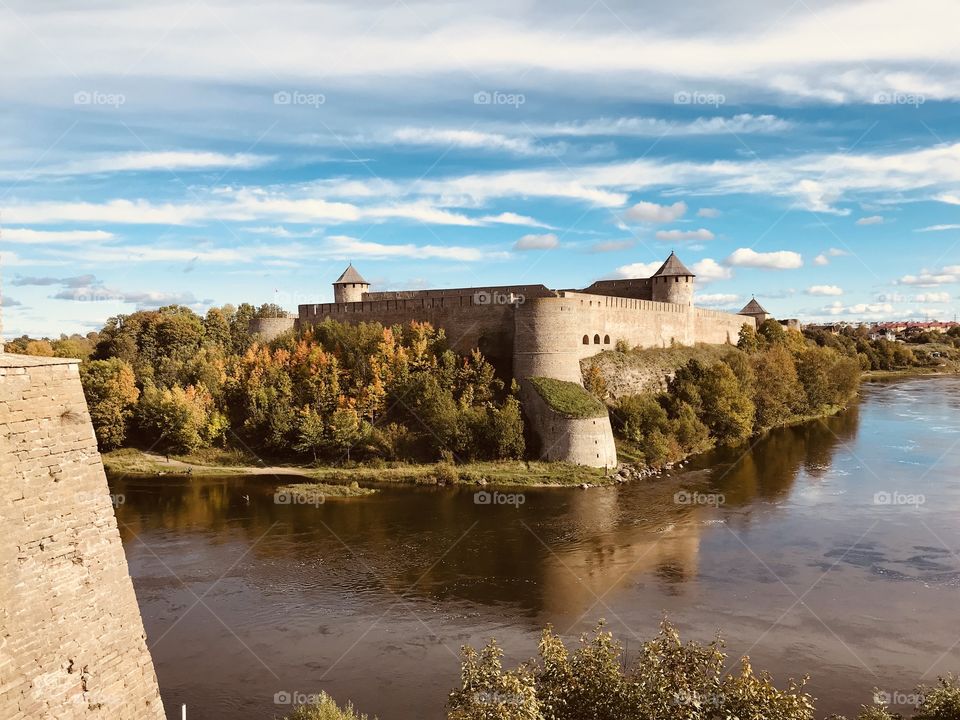 view of Ivangorod fortress from the bastions of Herman Castle in Narva. The border between Russia and Estonia runs along the Narova River.