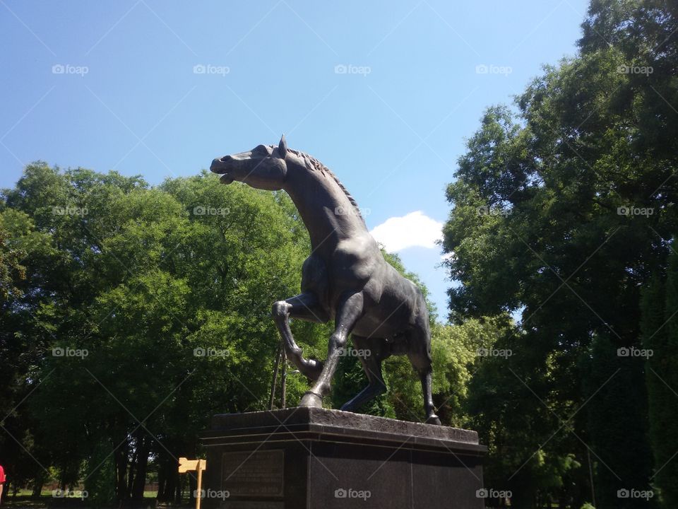 Iron horse statue in a park. Nature park Zobnatica Serbia