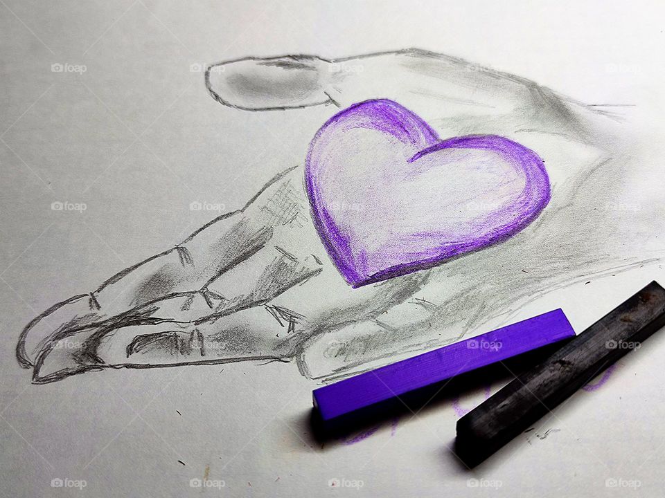 Chalk drawing.  A hand in black and white in which lies a purple 3d heart. Nearby are crayons: black and purple