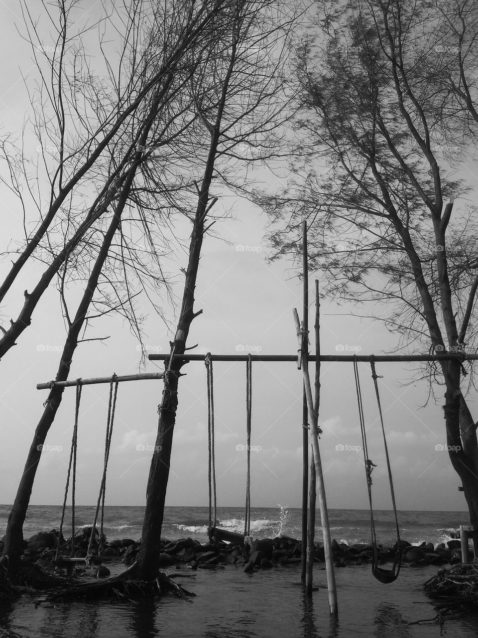 sea view in the evening in black and white photo.