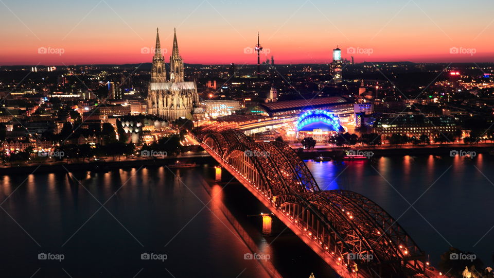View to the beautiful German City of North Rhine Westfalica Cologne with the Cityscape,the Dom and the Rhine River Germany Europe