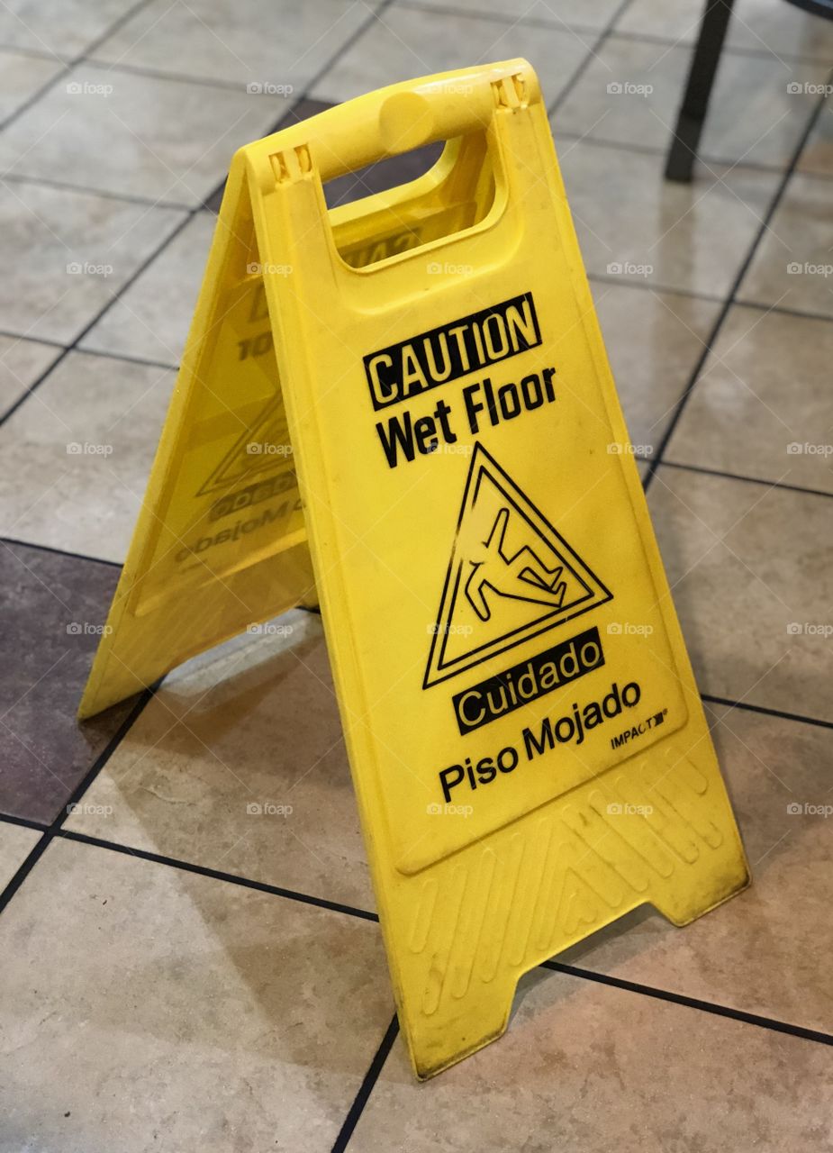 Safety First, sign, caution, wet, floor, caution wet floor, wet floor, yellow, tile, shadows, lighting, plastic