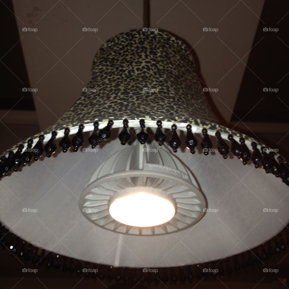 LED Spotlight w Leopard Shade. Look up over our chopping block & you'll see hanging an LED spotlight with leopard shade. It's bright! I love it!
