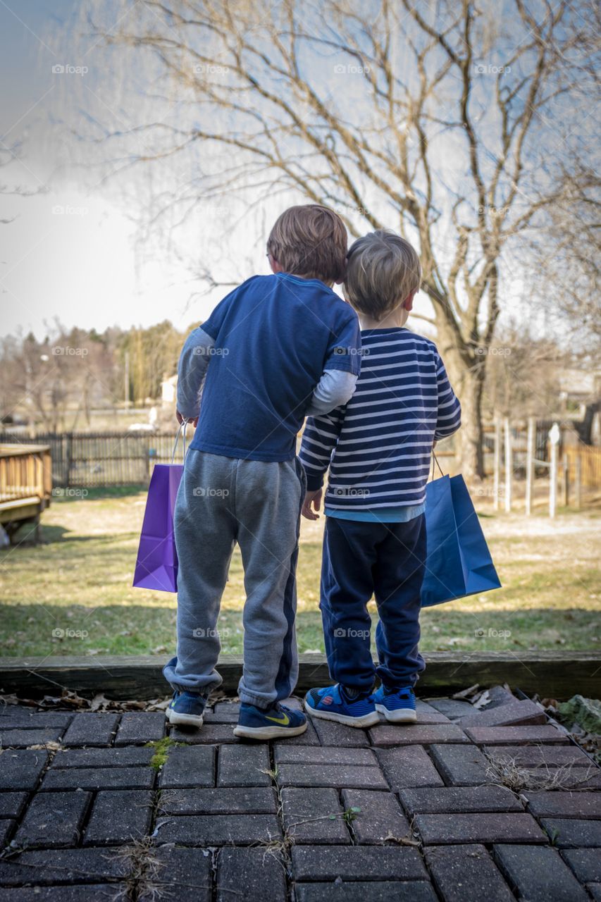 Two young brothers, one red-headed and one blond,  seen from behind about to embark on great adventures, or an Easter egg hunt.