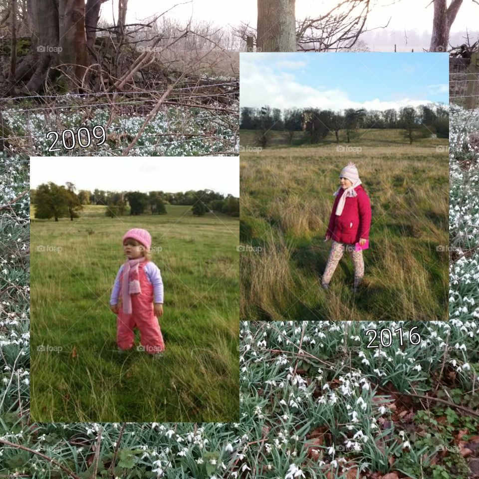 2 photos of the same child in the same place take 7 years apart in the same pose.