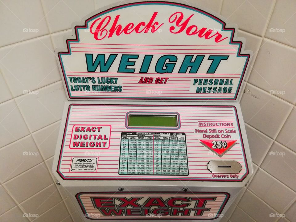 Close-up to weighing machine. also today's lucky number and personal a personal message.