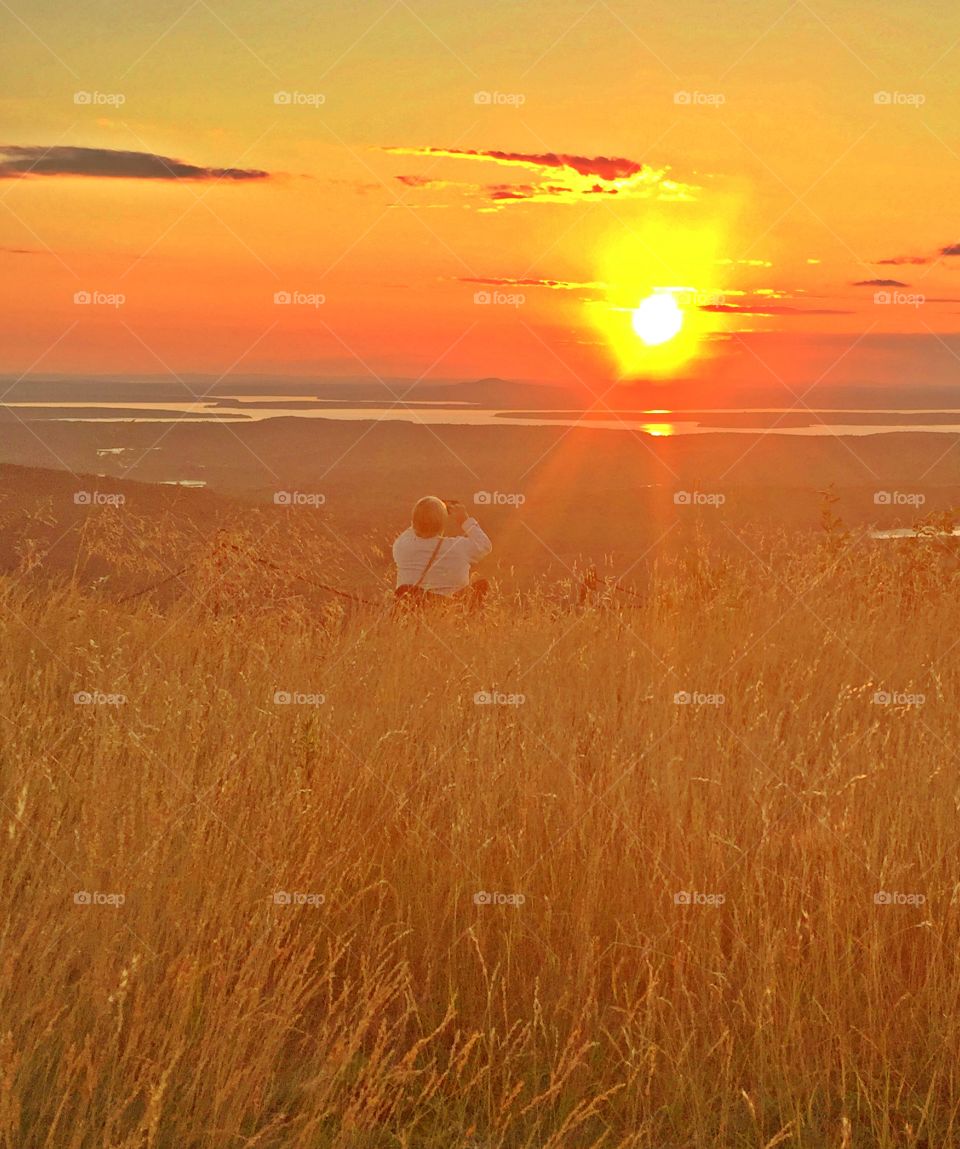 Sunrise and sunsets of the USA - Sunrise from the mountain top as it reflects off the distant body of water. The blades of grass are turned golden from the sun rays