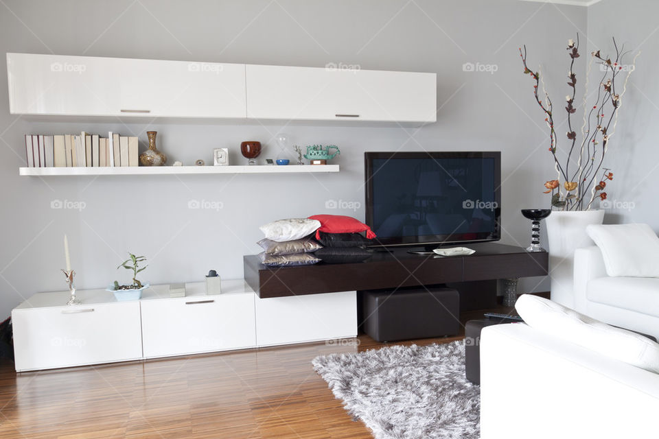 interior decoration of apartment flat TV White furniture 