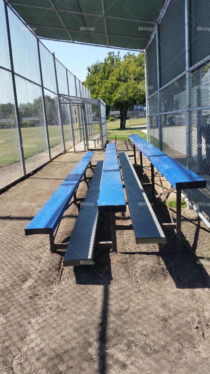 Above ground dugout, benches at a baseball park