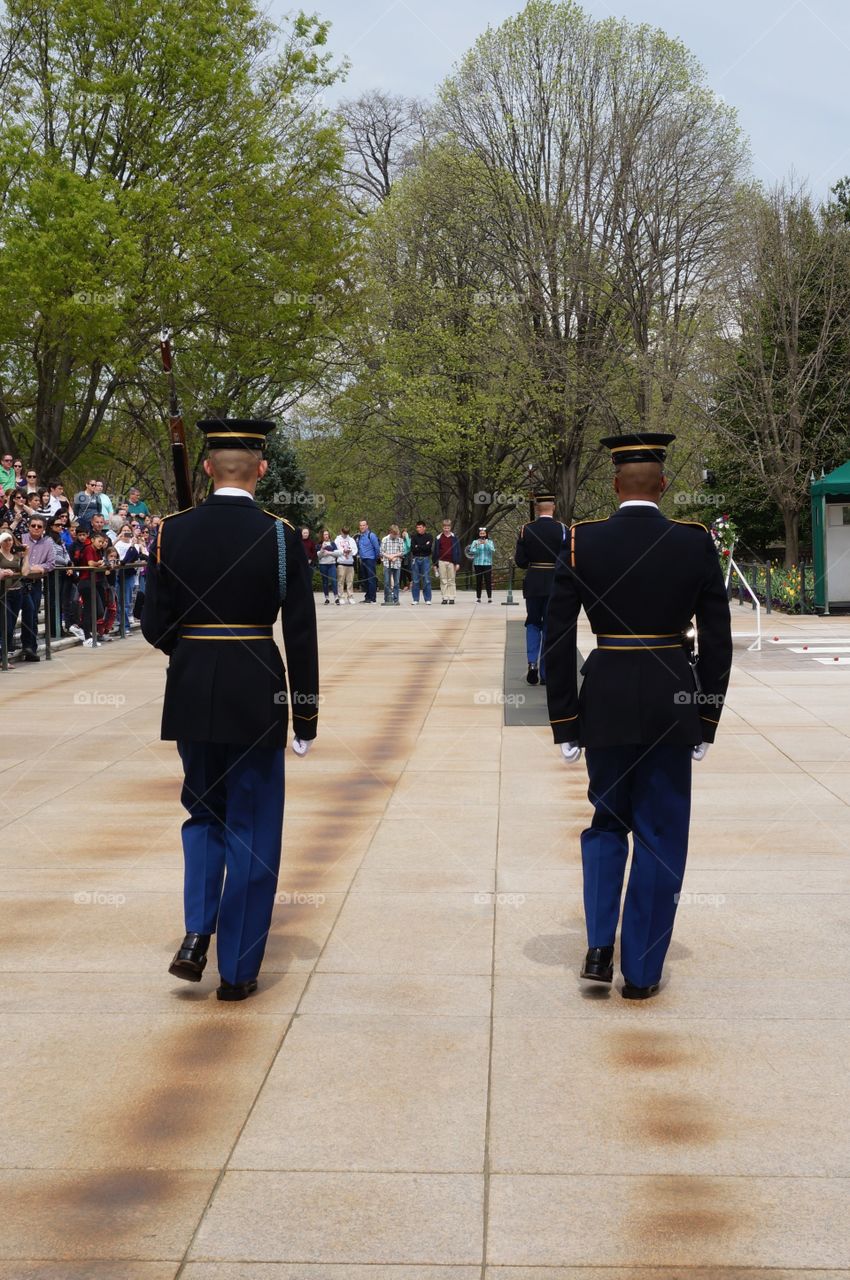 Changing of the guard at tomb of the unknown soldier at Arlington Cemetery in Arlington VA