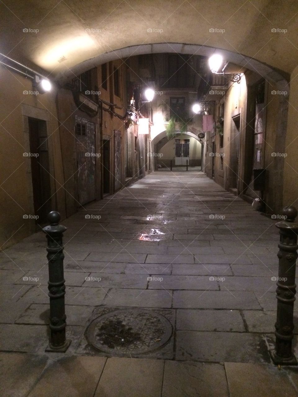 Night walk in empty narrow streets