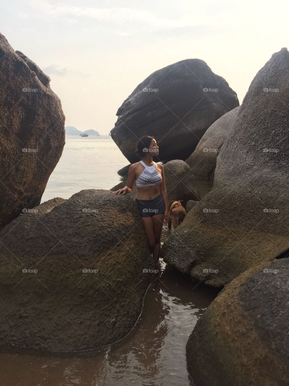 A young Asian girl and a brown dog on beach with big rocks in Koh Tao island,Thailand 