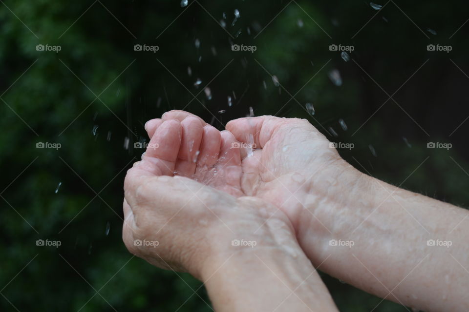 rain water drops in the hands green summer background rainy weather love