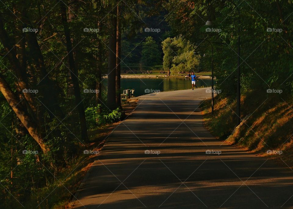 Man is running at morning near the Bled lake