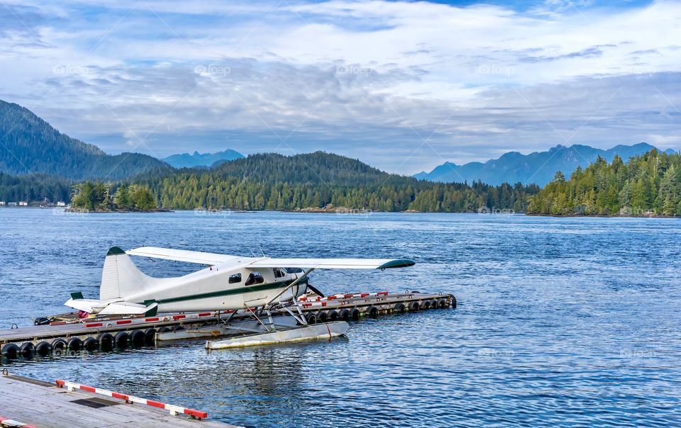 Float plane parked on the Pacific Ocean near Tofino, British Columbia, Canada 