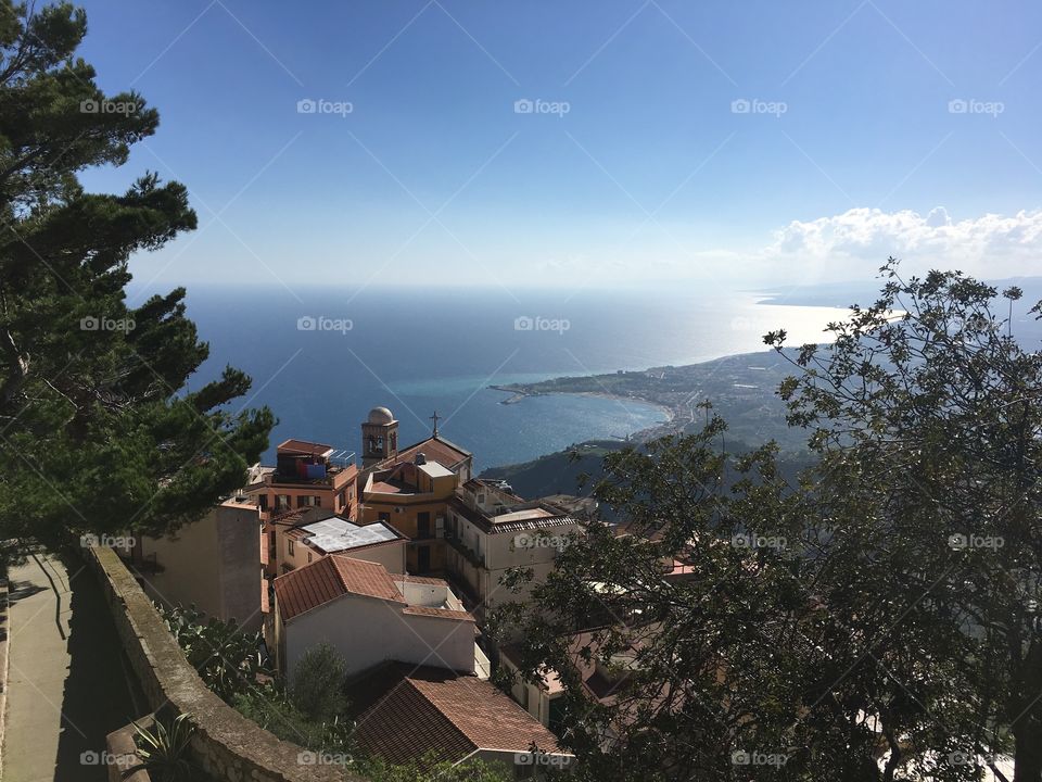 View towards Giardini-Naxos from Castelmola, Sicily, Italy