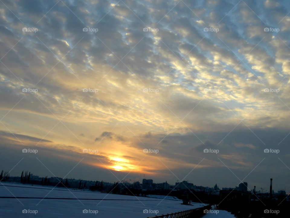 sunset in winter, the sky in the clouds