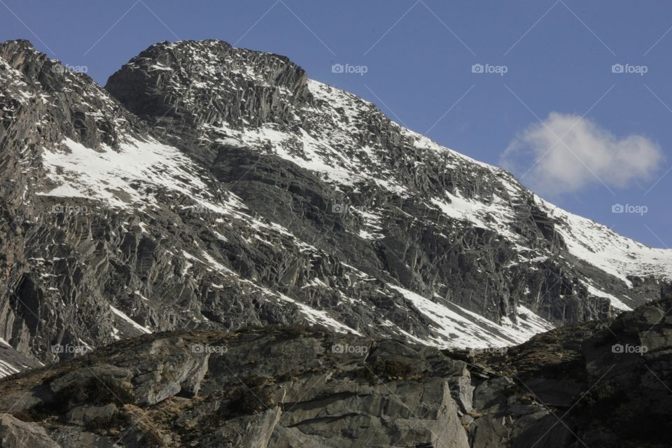 Snowy mountain peak, view from the basecamp