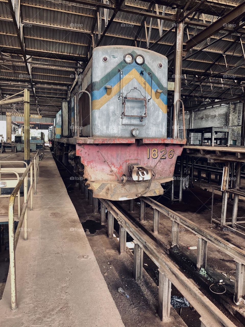 A train, rail track, abandoned train station, 