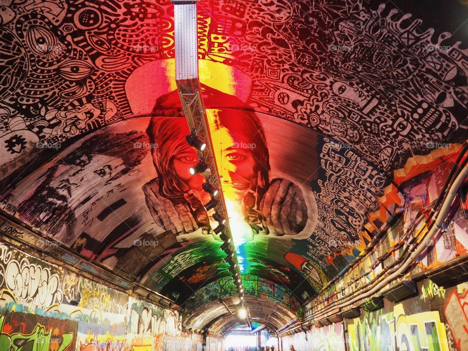 Graffiti on the ceiling of Leake Street tunnel in London.