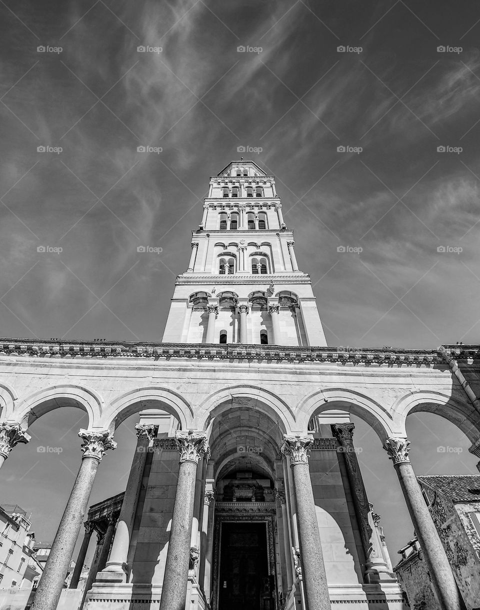 Black and white photo of St. Domnius cathedral in Split, Croatia