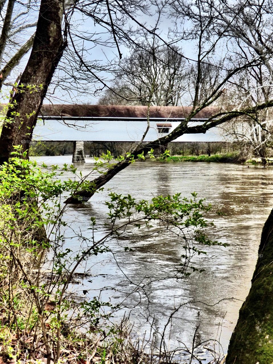 Beautiful covered bridge by the river