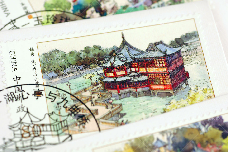 Cancelled Stamp on First Day Envelope of Yu Gardens, Shanghai, China