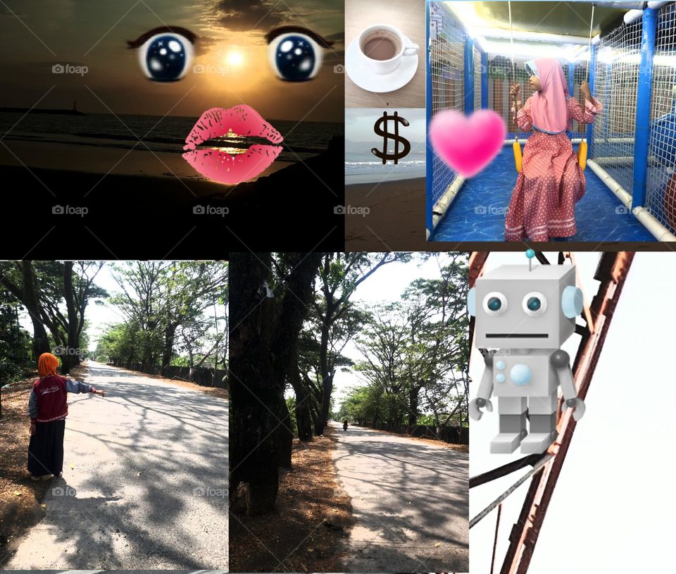 Cilacap,Indonesia-September 29,2023 : llustration of a child playing on a swing on the beach at sunset with a cup of coffee and a robot coming at night