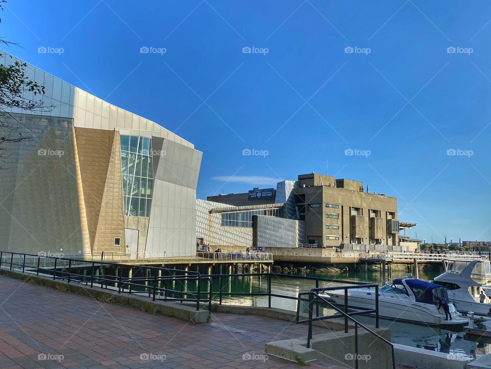 City harbor view in Boston.  Clear blue skies serves as the backdrop 