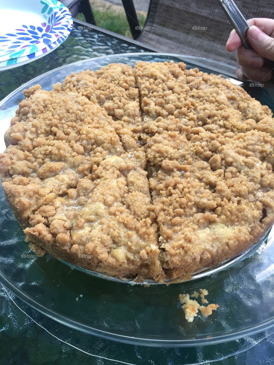 Homemade crumble crust top pie. Who is wanting a slice of yummy dessert and glass of milk?