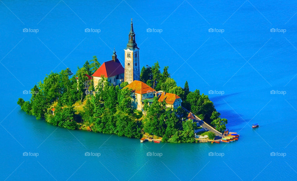 High angle of church on lake bed