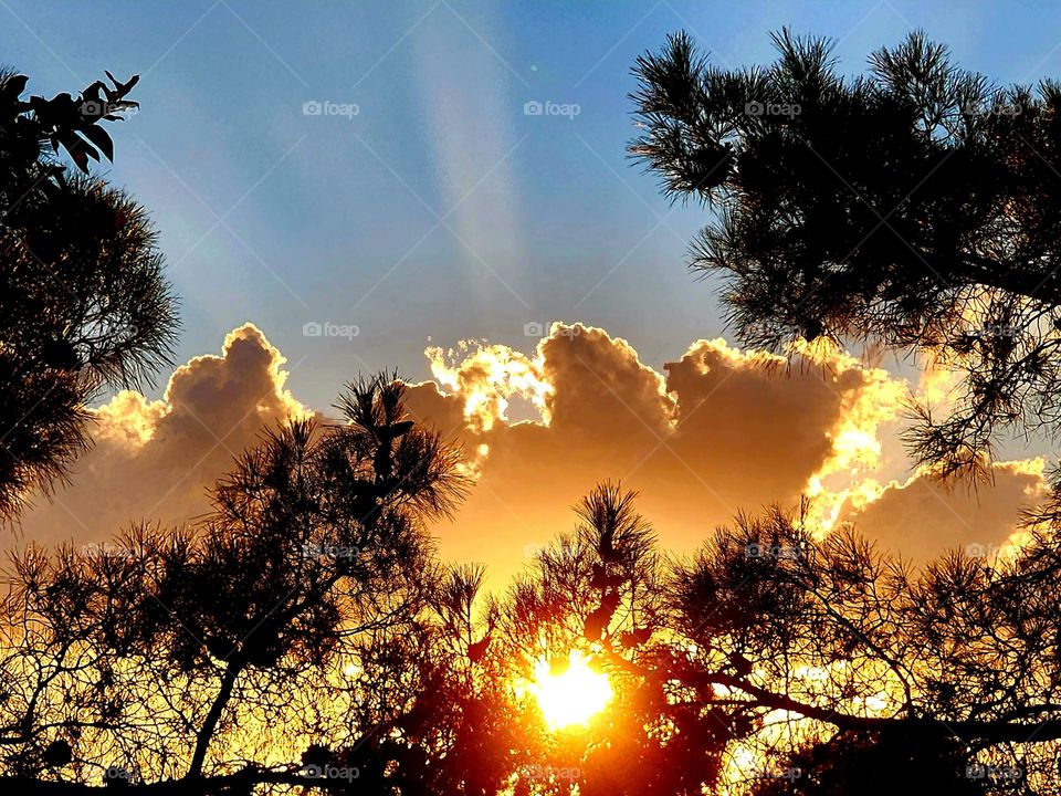 Sun rays appear as the setting sun moves out from behind a cloud