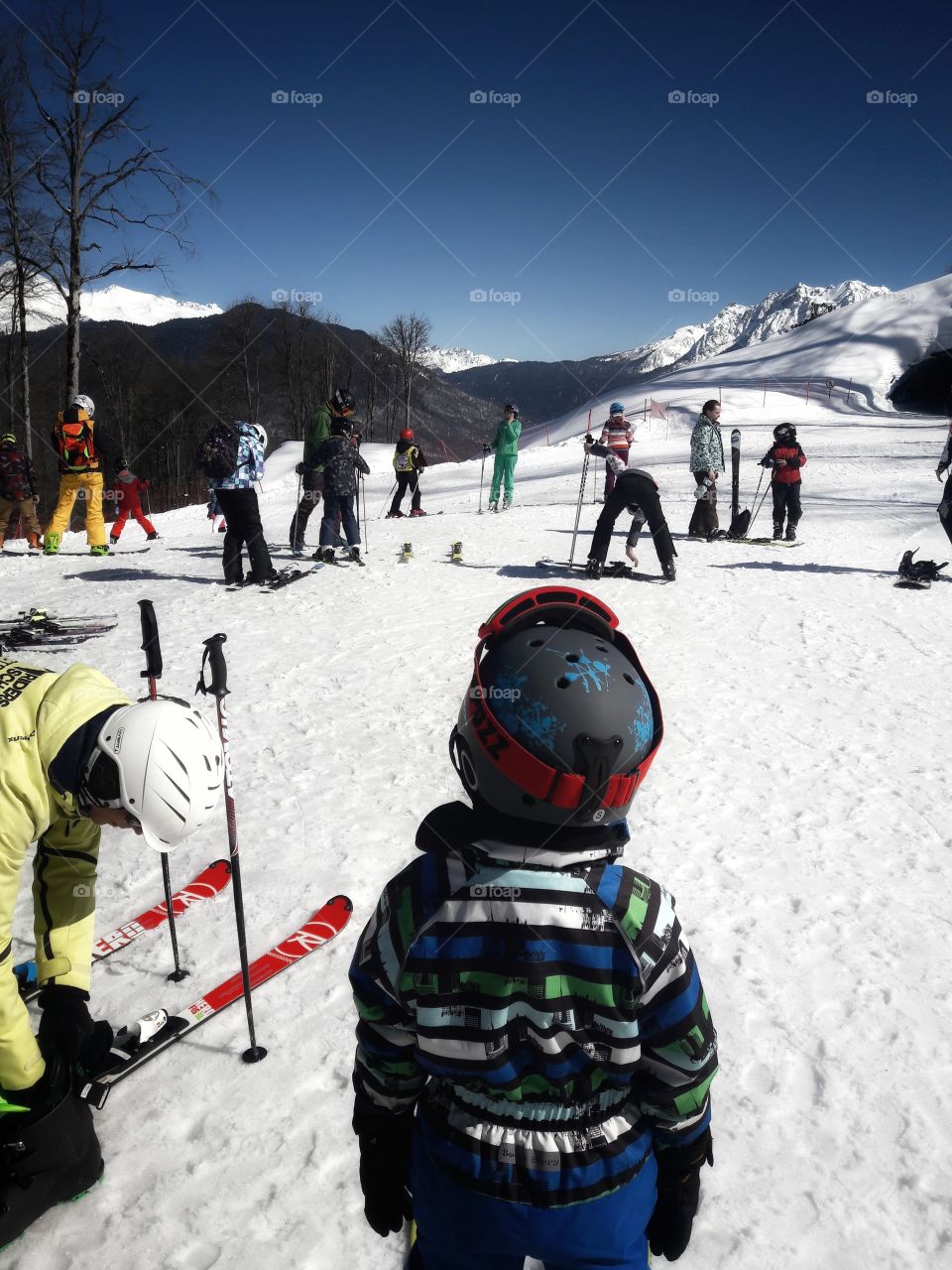 winter snow ski sky high view white sunny day people kids family