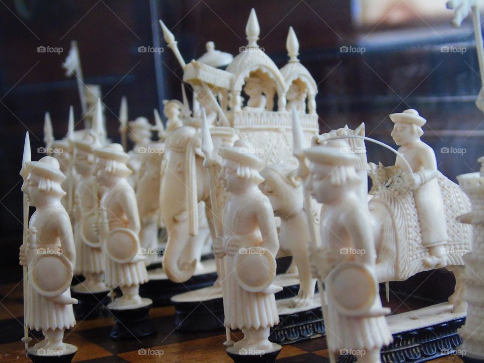 Indian ivory chess set, nineteenth century, displayed in Christchurch Mansion, Suffolk, UK