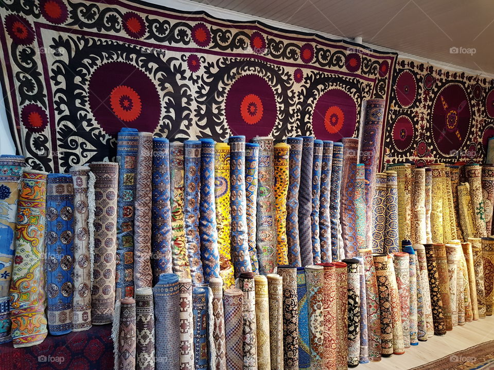 Variety of colourful silk carpets