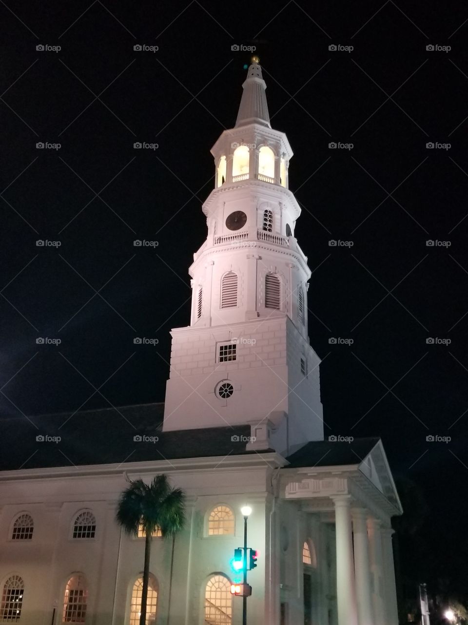 Church steeple at night in Charleston South Carolina