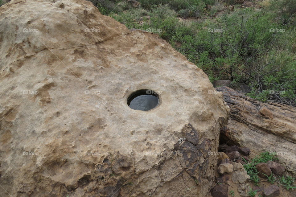 Grinding hole or metate used for grinding grains and seeds. Water is captured during a rain.