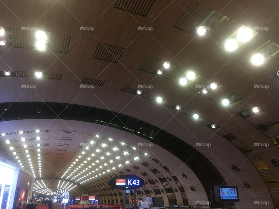 Gate K43 at Charles de Gaulle airport, Paris, en route from Johannesburg to London, in Autumn.