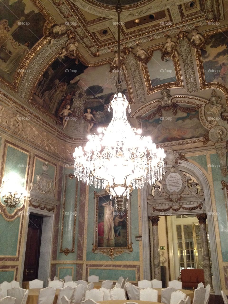 Chandelier. Madrid Palacio baroque interior event chandelier formal elegant 