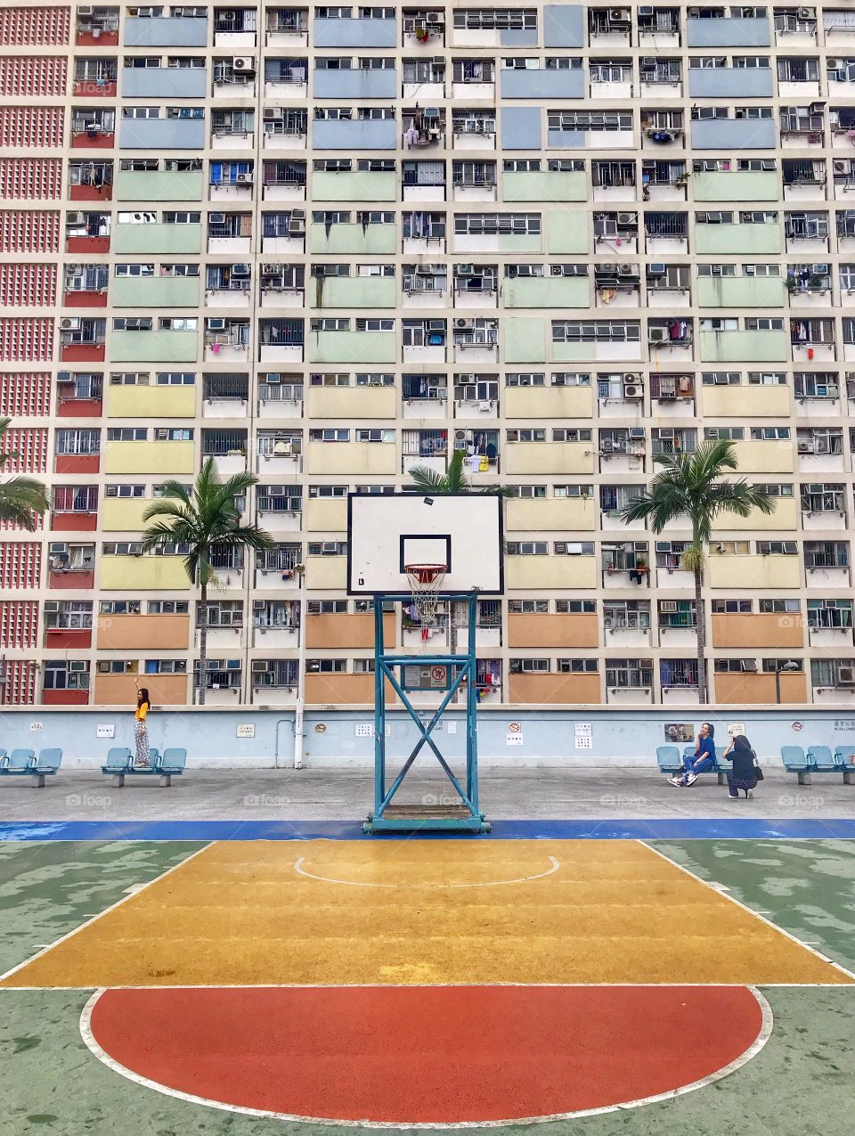 Rainbow building and basketball court