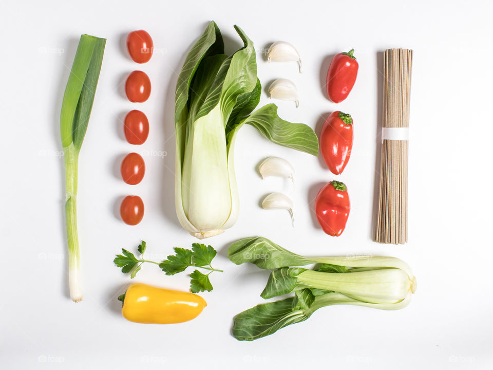 Pak choi and other vegetables with soba noodles,  top view