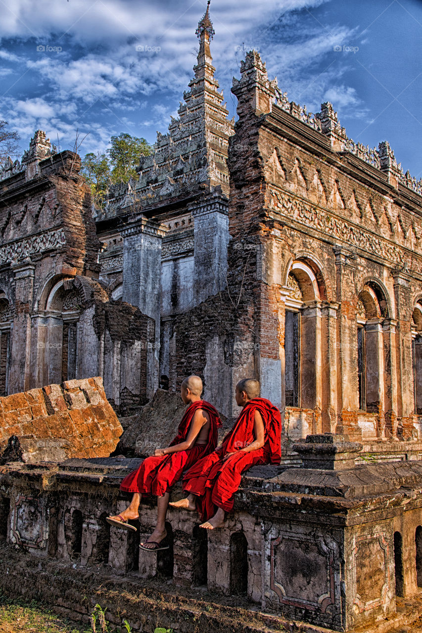 Sons of Buddha with Ancient Temple 