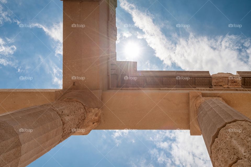 Greek ancient columns in Doric order. Remains of the Lindos Acropolis year BC 300. Greece. Europe.