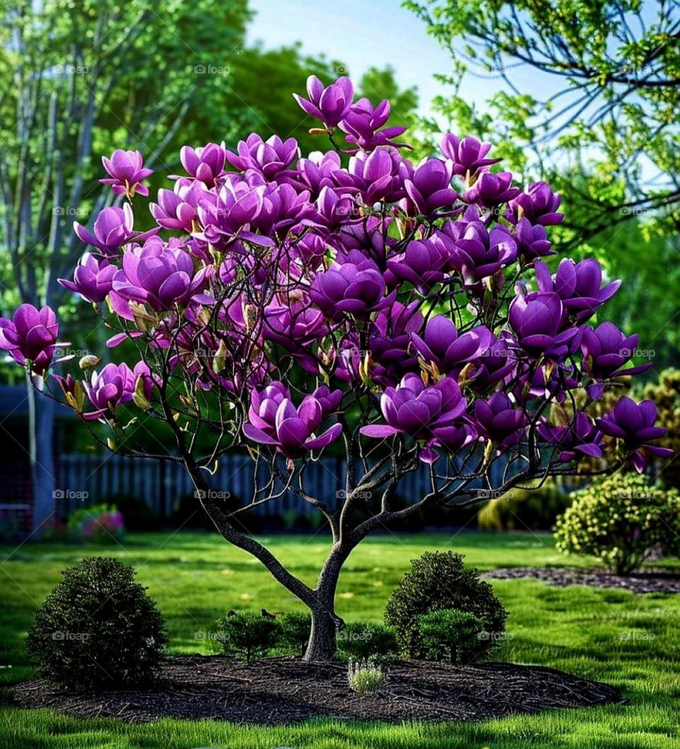 Purple Magnolia Liliflora enlightened by the morning sun in my garden