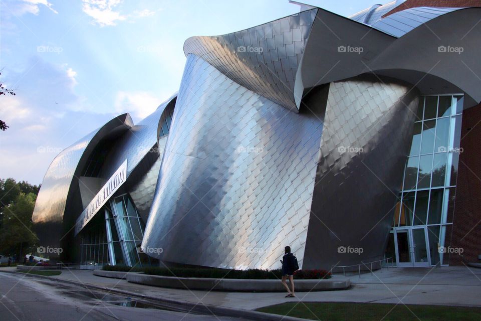 Peter B. Lewis building, designed by Frank Gehry features facades of curvy stainless steel and curling sections of brick and glass located on the  campus of Case Western University, Cleveland, Ohio, United States