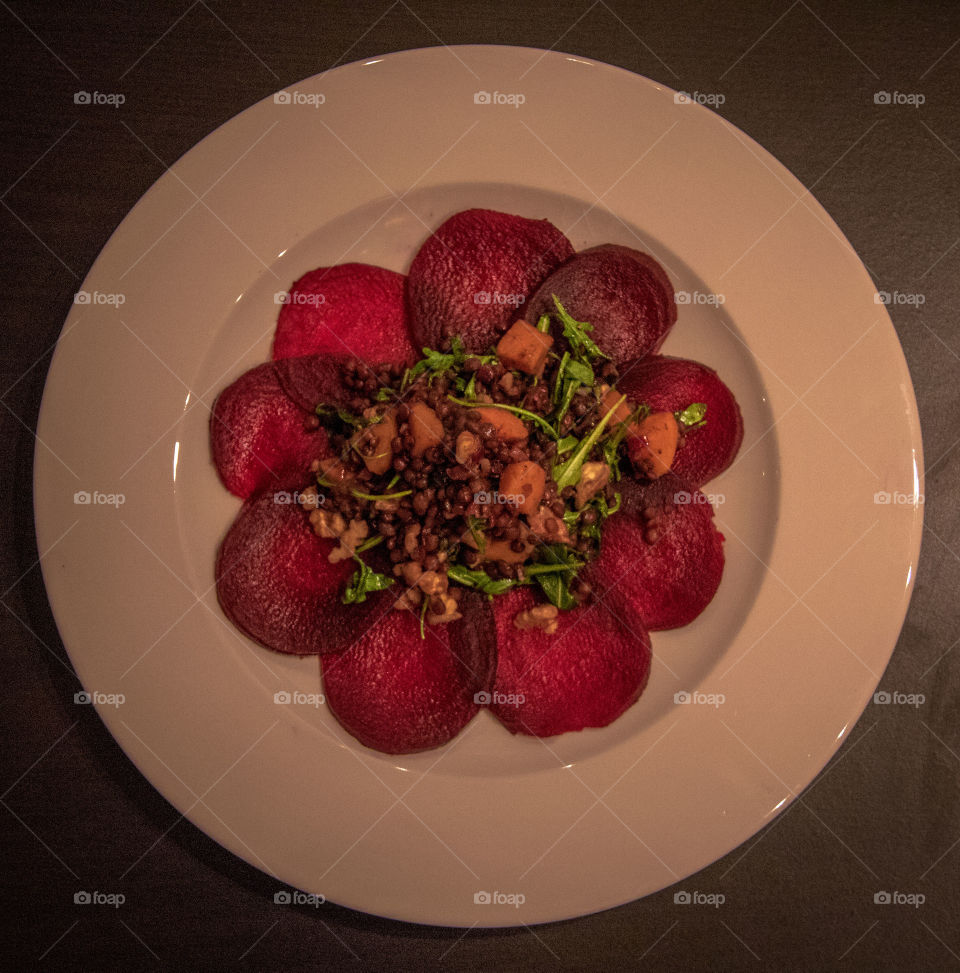 Beer carpaccio with sweet potato and lentils