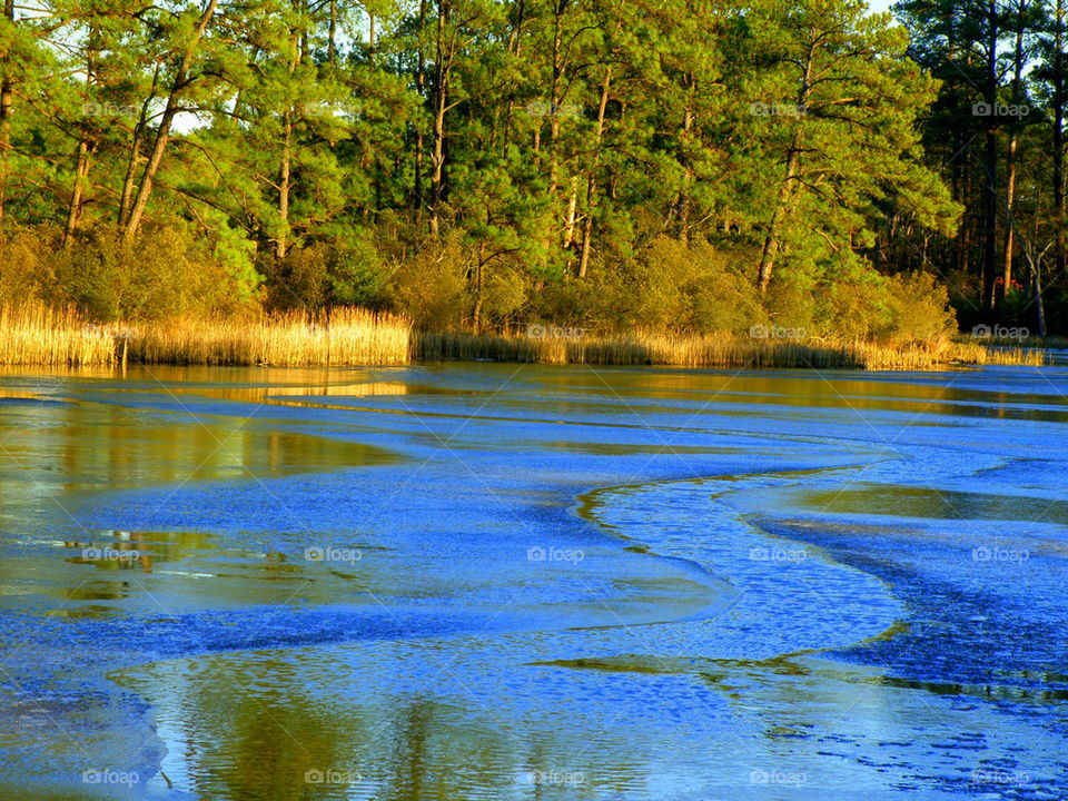 Frozen River. A tributary feeding into the James River. Williamsburg, Virginia