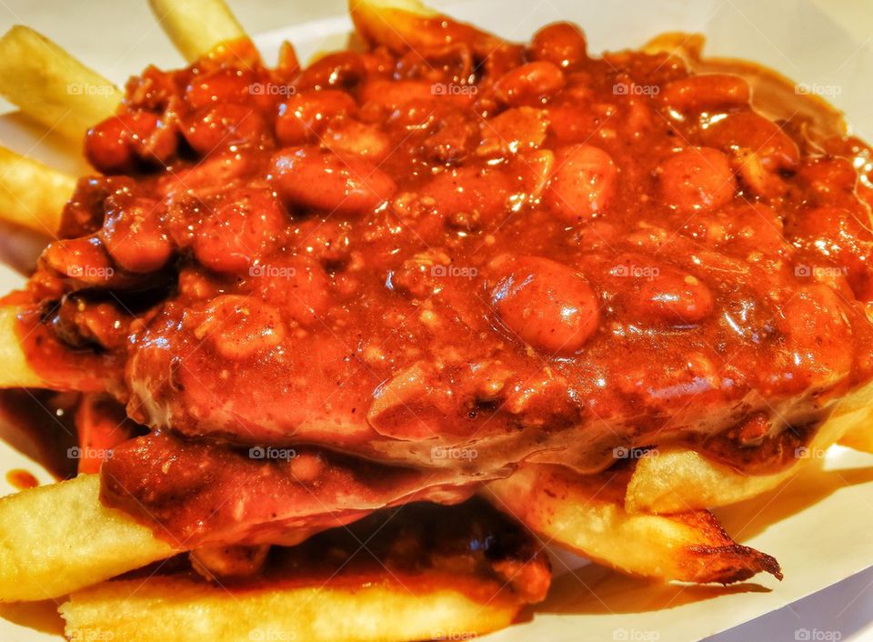 All American Chili Cheese Fries. French Fries With Chili
