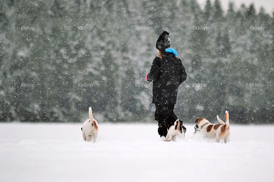 Girl walking with dogs in the snow