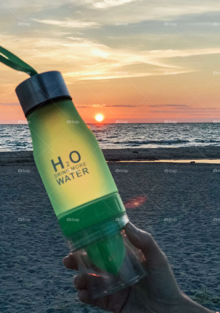 Water bottle at sunset 